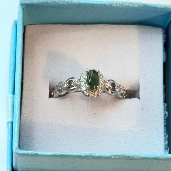 Elegant Sterling Silver Jade Ring – Dainty Halo Style, Size 5.45 Adjustable NWOT - Picture 1 of 11